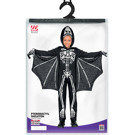 Pterodactyl skelet kostuum Timo in verpakking met jumpsuit en vleugels, kindermaten 116 tot 158 cm