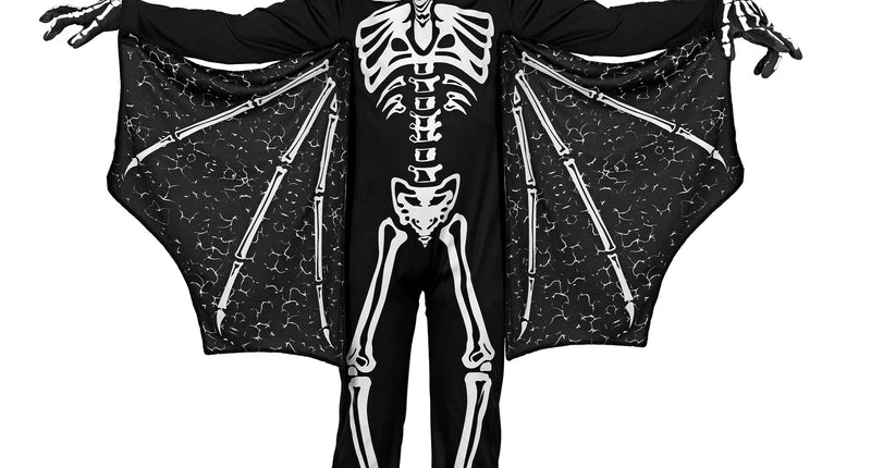Pterodactyl skelet kostuum Timo met zwarte jumpsuit, witte bottenprint en uitgespreide vleugels voor Halloween