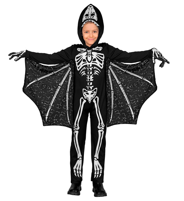 Pterodactyl skelet kostuum Timo met zwarte jumpsuit, witte bottenprint en uitgespreide vleugels voor Halloween