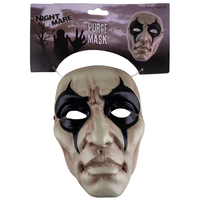 Purge masker op verkoopkaart van de Nightmare-serie, gezichtsmasker in gebroken wit met zwarte details