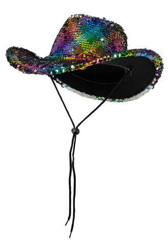 Rainbow pailletten cowboyhoed van de zijkant, glanzende bol en lange koorduiteinden