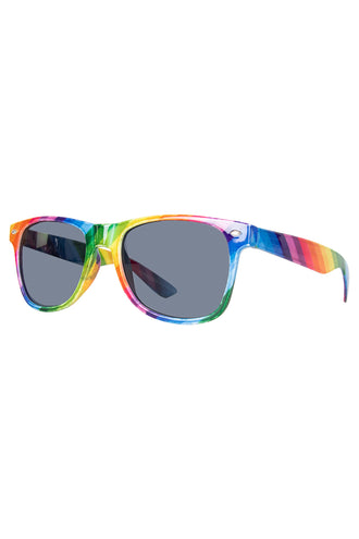 Regenboog bril donker glas van de zijkant met gestreepte poten in regenboogkleuren