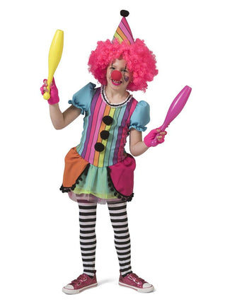 Regenboog clownspakje Mila met gestreept lijfje, zwarte pompons en tulerok, voor meisjes tijdens carnaval