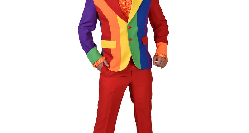 Regenboog colbert heren met kleurvlakken in paars, blauw, groen, geel en rood en rode knopen, voor een themafeest