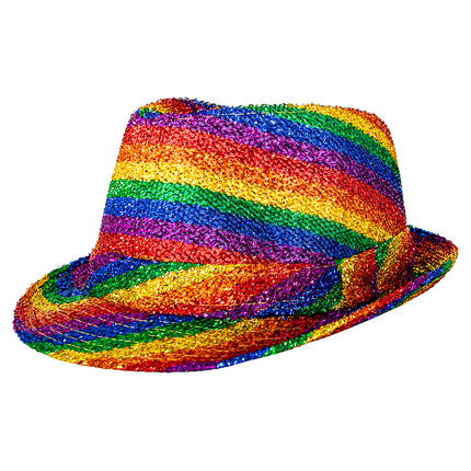 Regenboog gleufhoedje van de zijkant, diagonale kleurbanen en knoopje op de hoedband