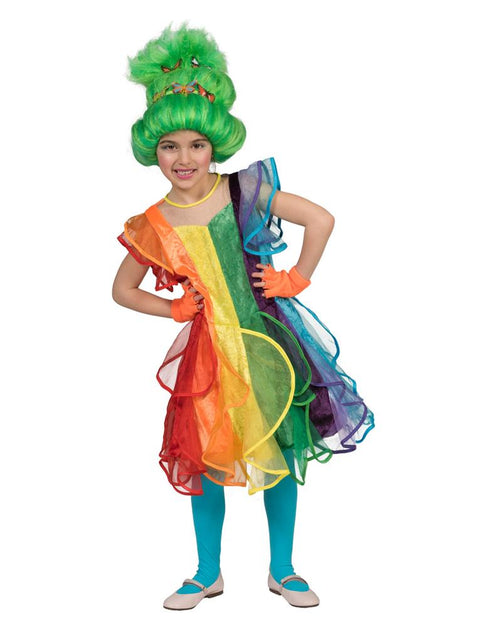 Regenboog jurk voor kinderen met fluwelen banen en organza ruches, voor carnaval