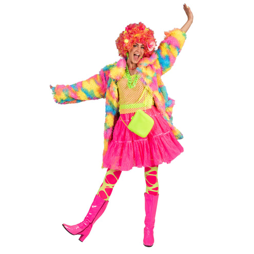Regenboog nepbontjas Nina met wijde mouwen en langharige pels, in geel, roze en blauw