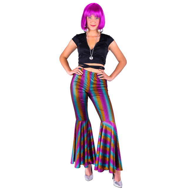 Regenboog pailletten broek voor dames met uitlopende pijpen in roze, goud en turquoise strepen, voor een discofeest
