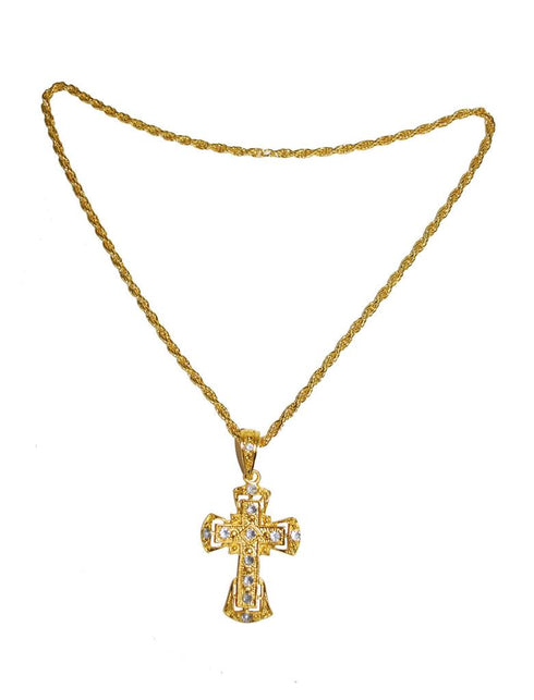 Religieuze halsketting met kruis, goudkleurige schakelketting met kruishanger met heldere steentjes