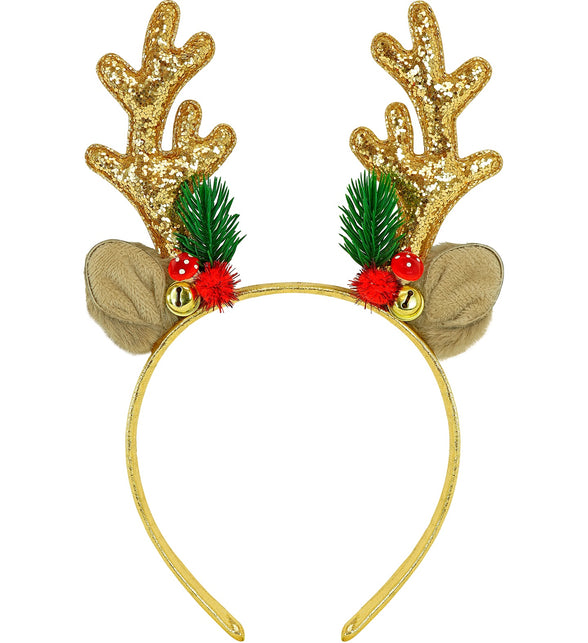 Rendier hoofddeksel glitter goud met plüche oren, belletjes en kerstboomtakjes, vooraanzicht