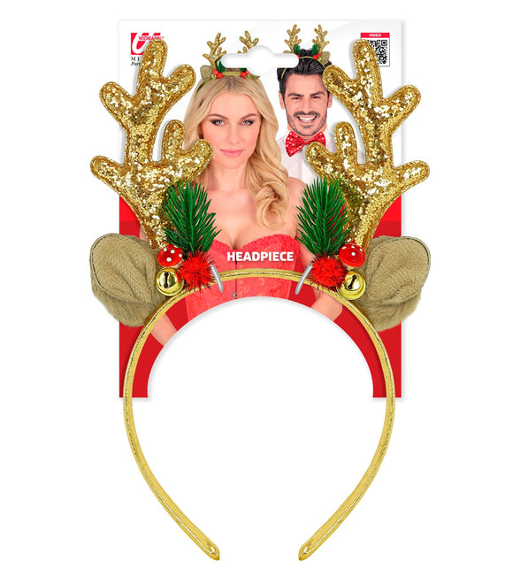 Rendier hoofddeksel glitter goud op verpakkingskaart met gouden glittergewei voor Kerst