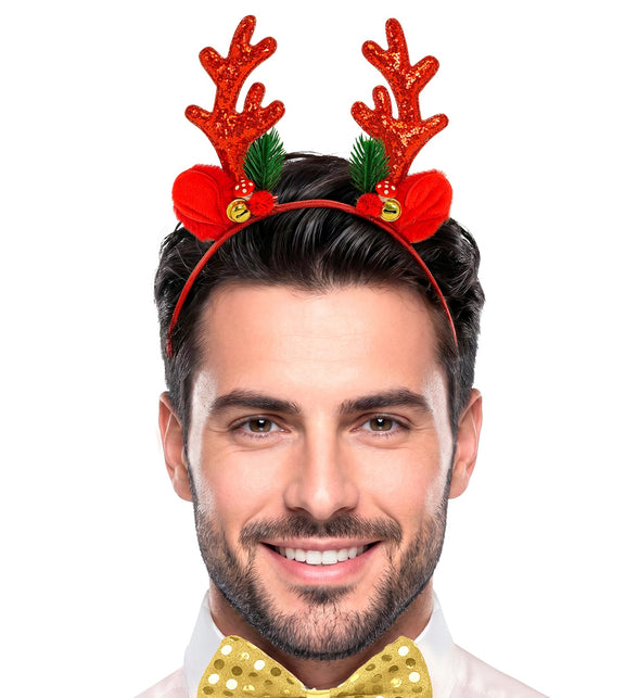 Rendier hoofddeksel glitter rood bij heren, rode beugel achter de haarlijn op kerstborrel