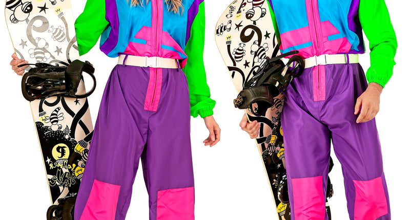 Retro snowboarder kostuum Otto in neonkleuren voor dames en heren, met witte riem, voor après-ski