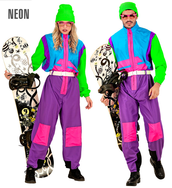 Retro snowboarder kostuum Otto in neonkleuren voor dames en heren, met witte riem, voor après-ski