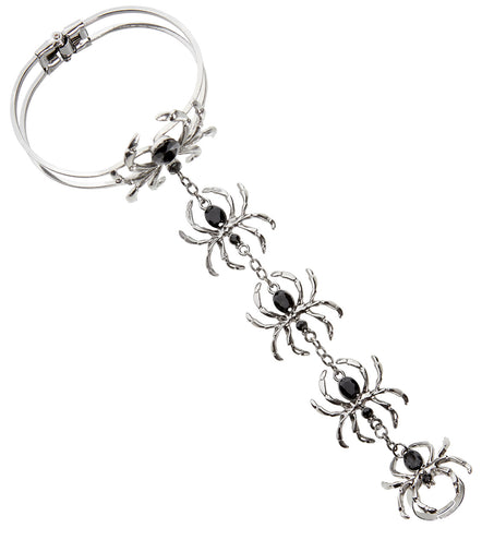 Ring armband spinnen halloween in zilverkleurig ijzer met vijf spinnen en zwarte steentjes aan kettinkjes