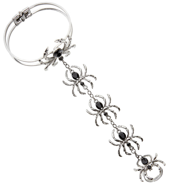Ring armband spinnen halloween in zilverkleurig ijzer met vijf spinnen en zwarte steentjes aan kettinkjes