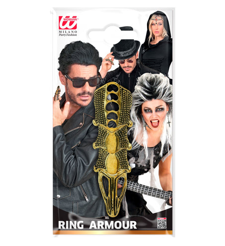 Ring harnas goud in verpakking, goudkleurige gelede vingerring voor gothic look
