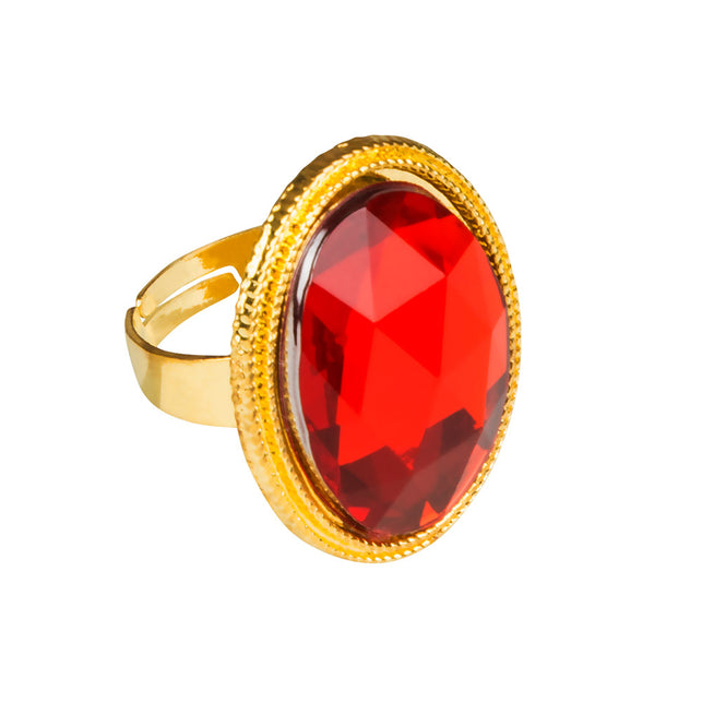 Ring met ovale rode nep edelsteen in goudkleurige zetting met open ringband