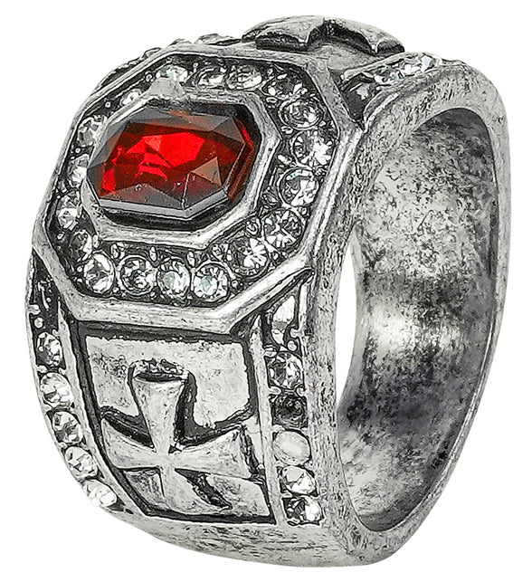 Ring met rode edelsteen en strass, zilverkleurig met kruismotief op de zijkant, voor heren