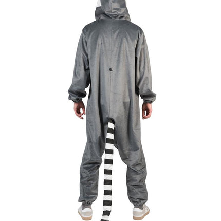 Ringstaartmaki onesie achterzijde, grijze stof met elastische boorden en staart tot op de grond