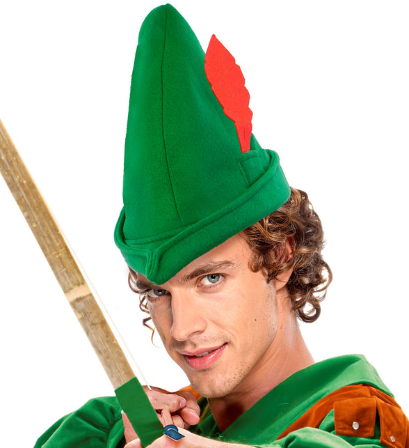 Robin hoed op het hoofd van een heer, groene punt met rechtopstaande rode veer