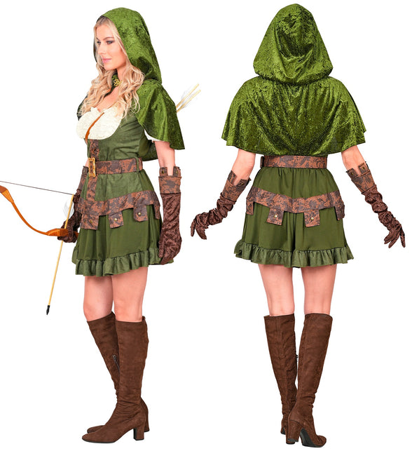 Robin van Sherwood jurk dames zij- en achteraanzicht met groene velours capuchon