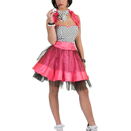 Rock'n Roll jurk roze met satijnen ceintuur en zwart stippennet over de roze rok