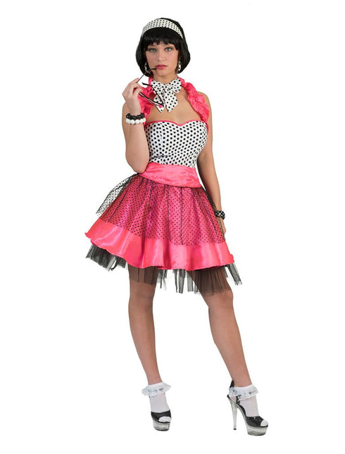 Rock'n Roll jurk roze met satijnen ceintuur en zwart stippennet over de roze rok