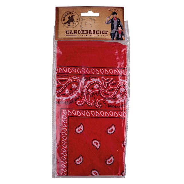Rode cowboy bandana in verpakking van Funny Fashion met paisleymotief in wit en zwart