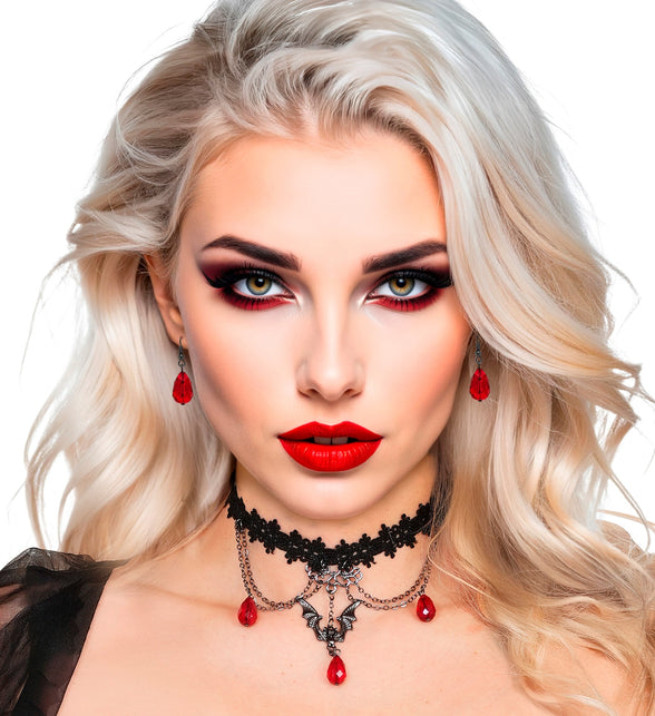 Rode druppeloorbellen en kanten choker met vleermuis voor dames op Halloween