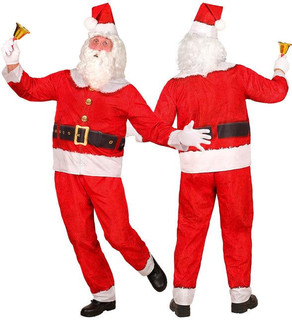 Rode kerstmanjas met witte kraag en brede witte onderrand, gedragen met puntmuts