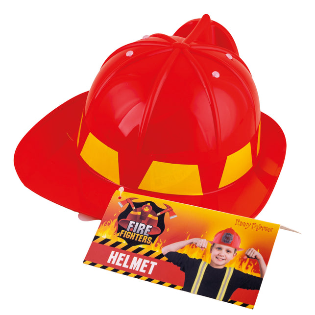 Rode pvc brandweerhelm van bovenaf met verhoogde nok en kartonnen kaartje van Funny Fashion