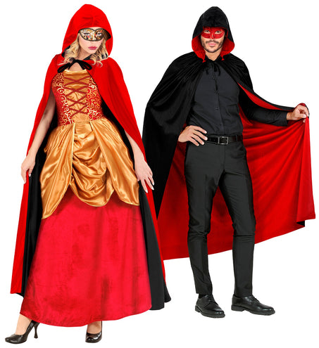 Rode zijde van de dubbelzijdige cape met capuchon, gecombineerd met oogmasker voor gemaskerd bal