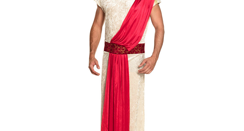 Romeins keizerkostuum Nero: crèmewitte toga met rode omslagdoek, riem en gouden lauwerhoofdband voor heren