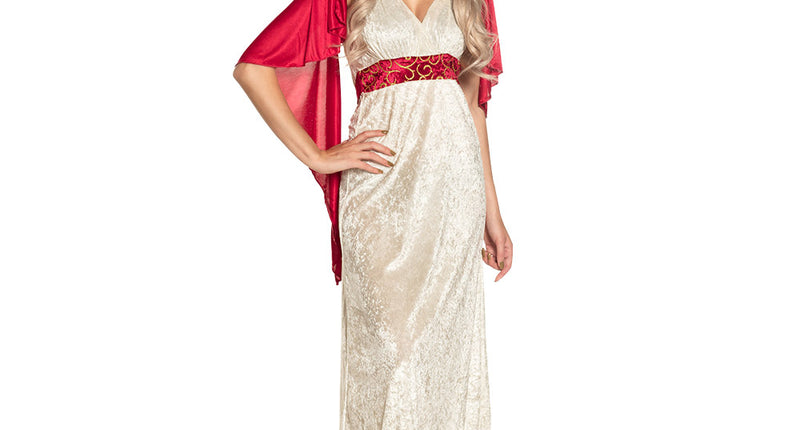 Romeins kostuum Livia dames, lange crèmekleurige jurk met rode sjerp, rode drapering en gouden hoofdband