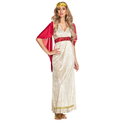 Romeins kostuum Livia dames, lange crèmekleurige jurk met rode sjerp, rode drapering en gouden hoofdband