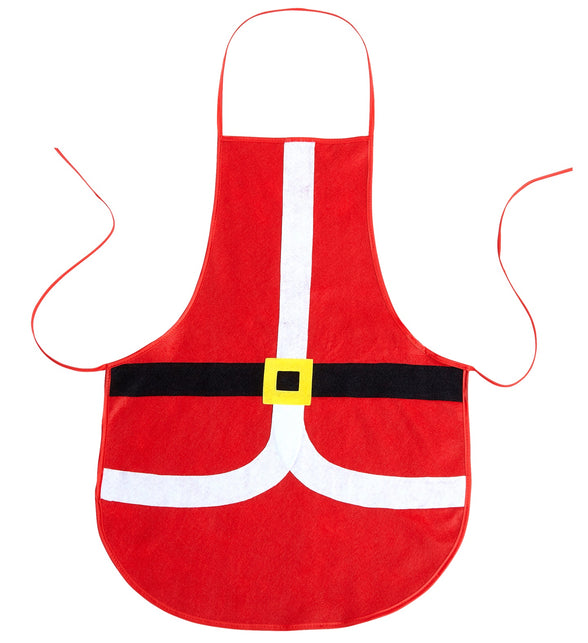 Rood kerstschort los gefotografeerd met nekkoord, lange strikbanden en zwarte band met gele gesp