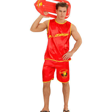 Rood strandwachtkostuum voor heren met gele bies langs hals en zoom, top en korte broek