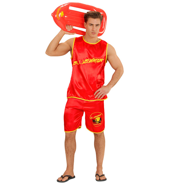 Rood strandwachtkostuum voor heren met gele bies langs hals en zoom, top en korte broek