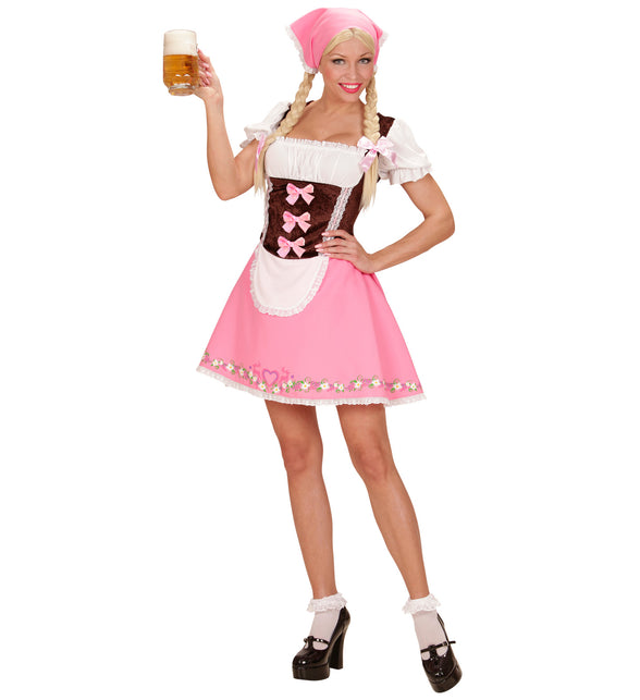 Roze dirndl jurkje met drie roze strikjes op het lijfje, gedragen met bierpul op een Beiers bierfeest
