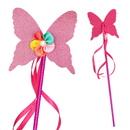 Roze glittervlinder met lintbloem en pareltje op de staf van de eenhoorn verkleedset Starlight, voor- en achterkant