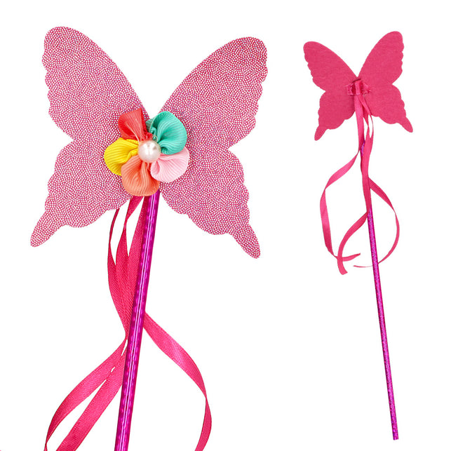 Roze glittervlinder met lintbloem en pareltje op de staf van de eenhoorn verkleedset Starlight, voor- en achterkant