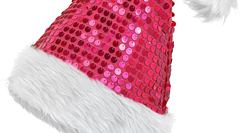 Roze kerstmuts met glanzende pailletten, witte pluche rand en witte pompon aan de punt