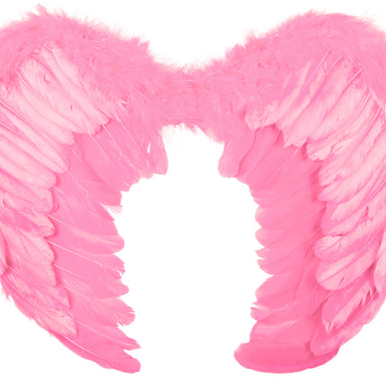 Roze veren vleugels in detail, met langere gladde slagpennen onder de pluizige veerlagen