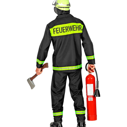 Rugzijde van het brandweerpak heren met breed neongeel vlak en zwarte letters FEUERWEHR