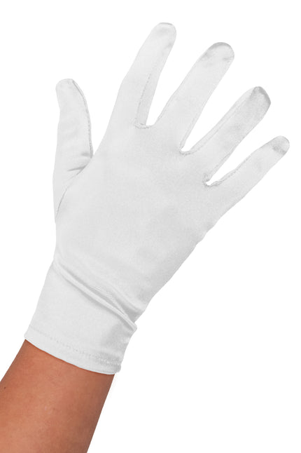 Satijnen handschoenen wit, kort model met glanzende afwerking en smalle boord tot over de pols