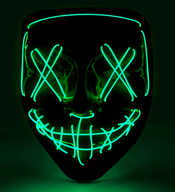 Scary masker groen led met groen oplichtende kruisen over de ogen en grijnsmond voor Halloween