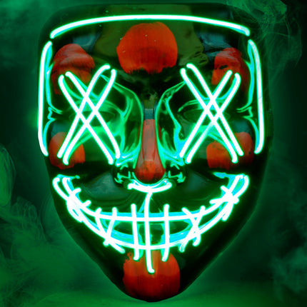 Scary masker groen led met rode clownsneus en rode wangvlekken onder de groene lichtdraden