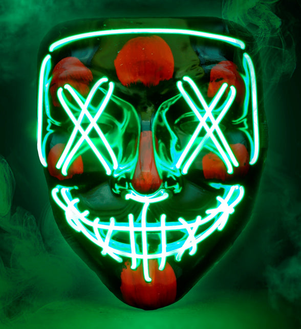 Scary masker groen led met rode clownsneus en rode wangvlekken onder de groene lichtdraden
