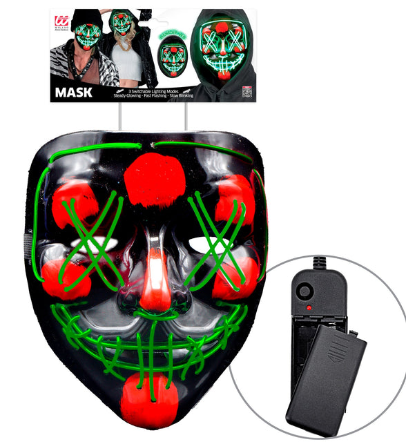 Scary masker groen led in de verpakking van Widmann met batterijkastje en groene lichtdraden